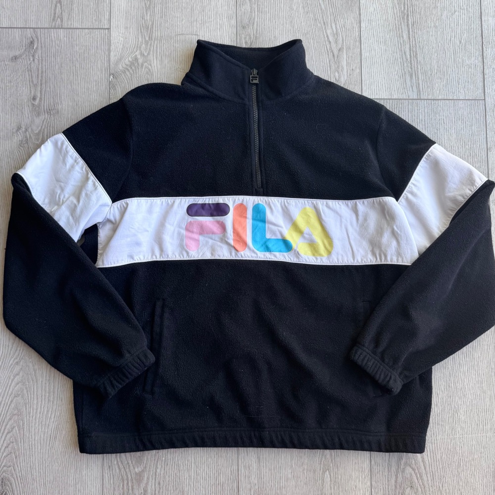 FILA Colorblock Quarter Zip Fleece Pullover XL Black White Rainbow Logo Retro